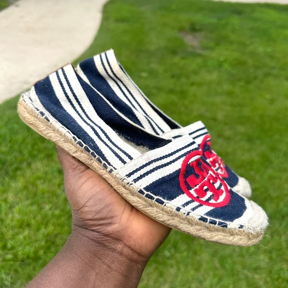 Tory Burch Women's Navy White Red Striped Canvas Espadrille Flats Size 7 Shoes